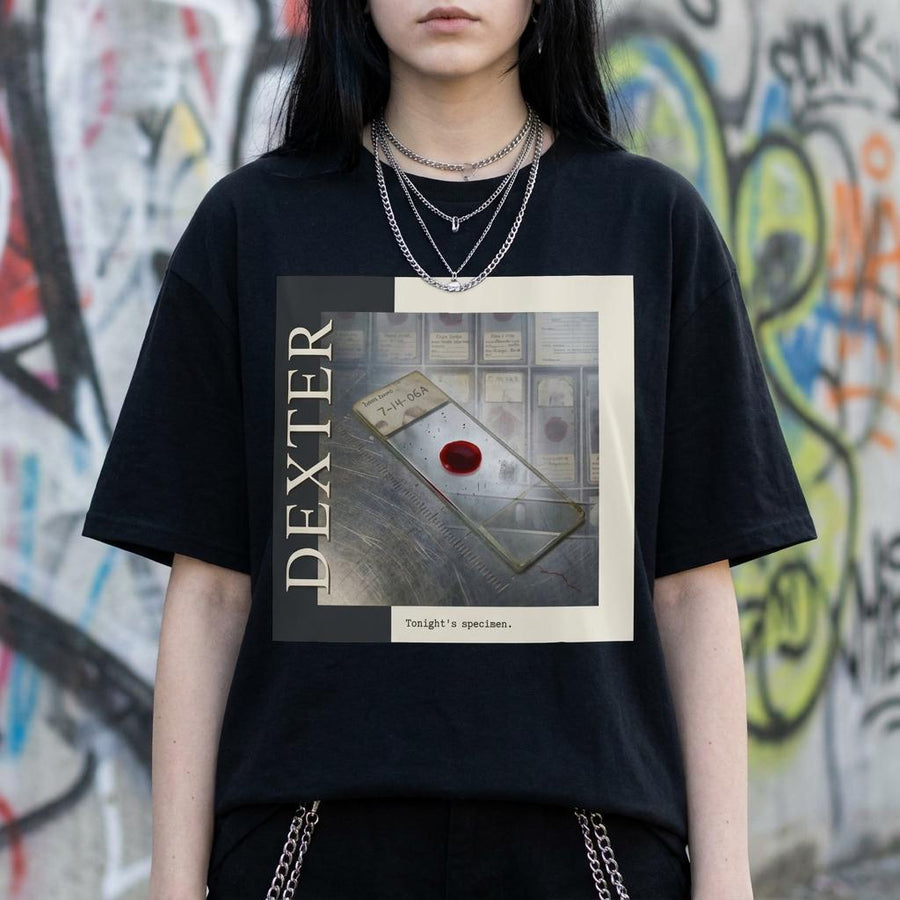 Dexter Kill Room Today's Specimen Blood Card T-Shirt, Serial Killer TV Series Bootleg Cinephile Tee