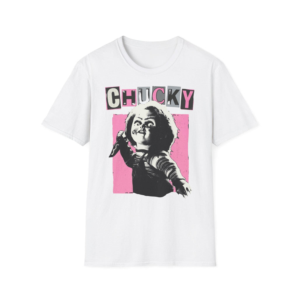 Chucky bubblegum pink bootleg movie tee guro-kawaii, Y2K Hot Pink Horror Cinephile shirt