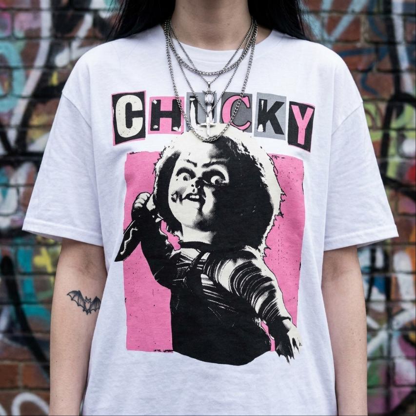 Chucky bubblegum pink bootleg movie tee guro-kawaii, Y2K Hot Pink Horror Cinephile shirt