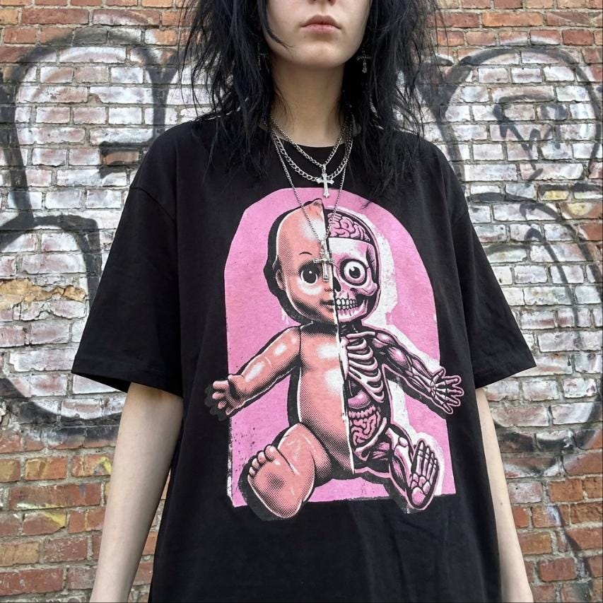 Half Skeleton Anatomy Doll T-Shirt, Y2K Scene Graphic Tee