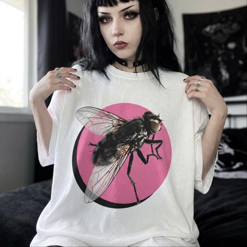 Y2K Bubblegum Pink Emo Scene Girl Weirdcore Fly Shirt Insect Tee