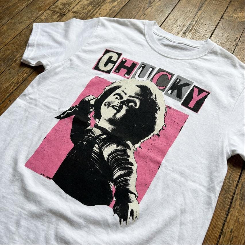 Chucky bubblegum pink bootleg movie tee guro-kawaii, Y2K Hot Pink Horror Cinephile shirt