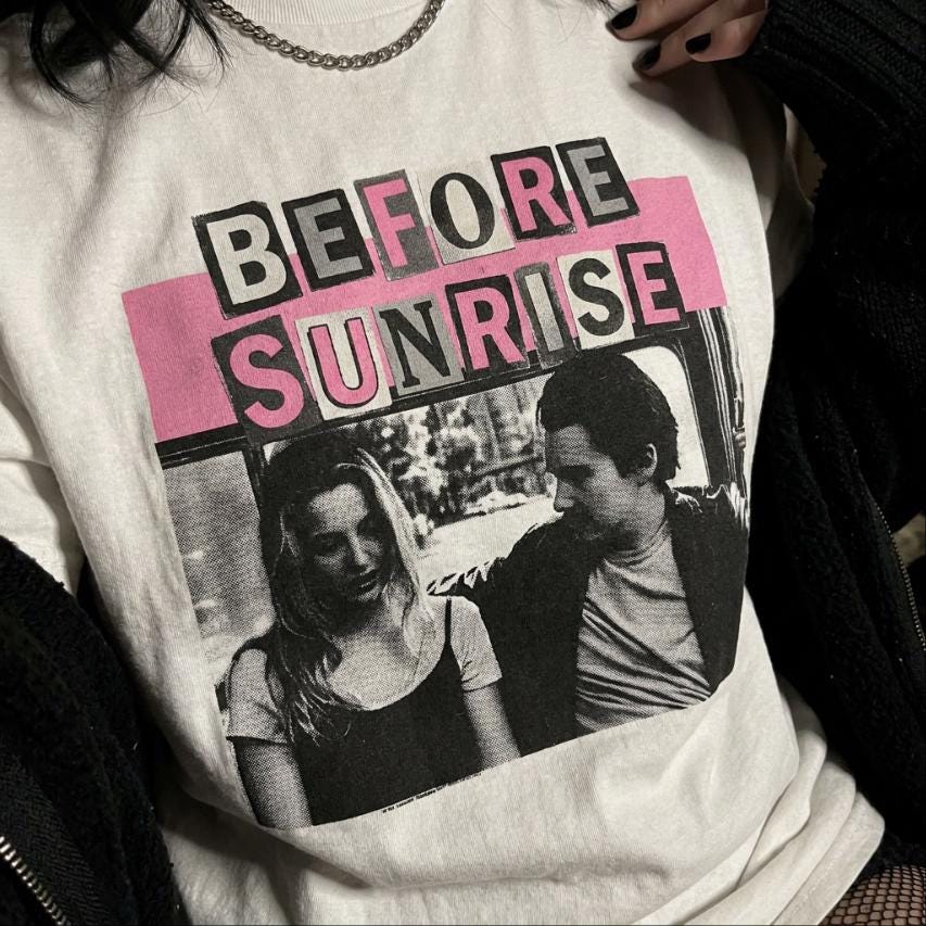 Before Sunrise T-Shirt, bubblegum pink 90s romance cinephile bootleg tee