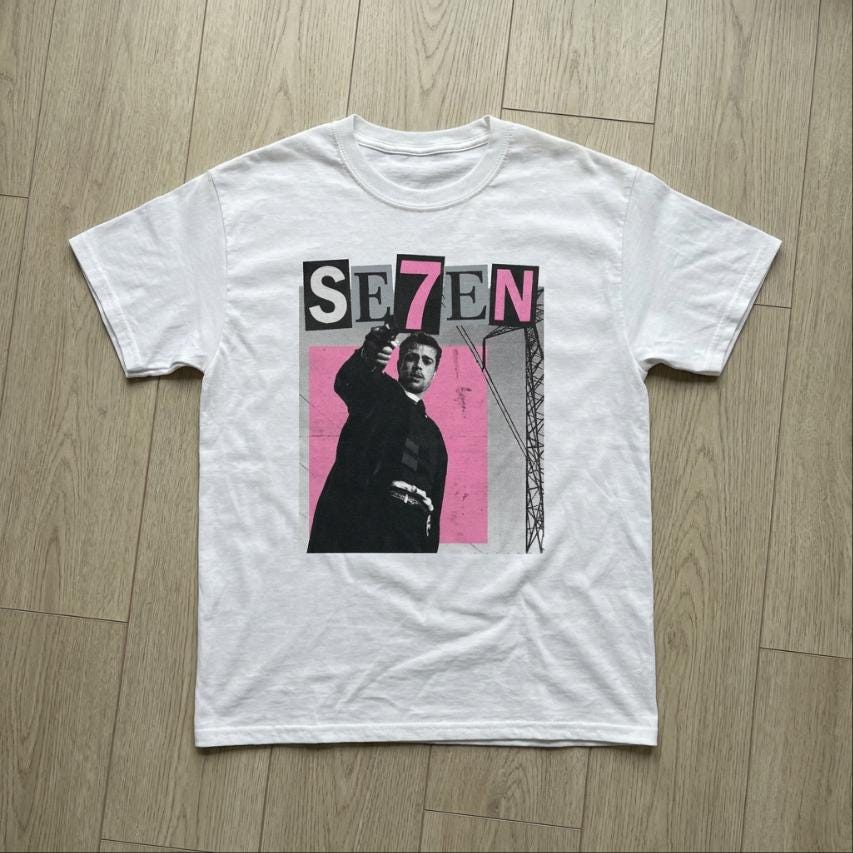 SE7EN Movie Poster Tee, Y2K Retro Pink Bootleg Cinephile T-Shirt