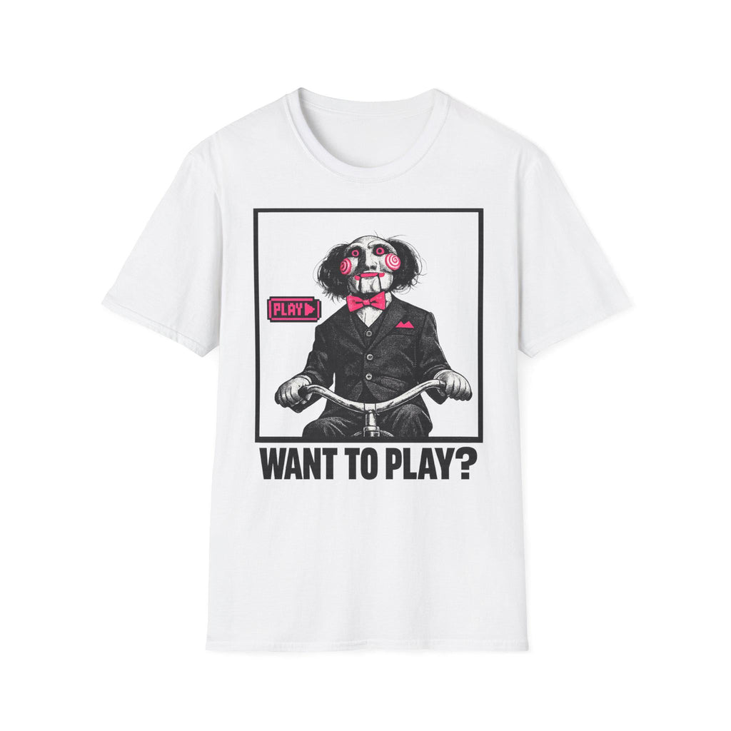 Billy Puppet Saw Movie Horror Pink "WANT TO PLAY?" T-Shirt cinephile tee