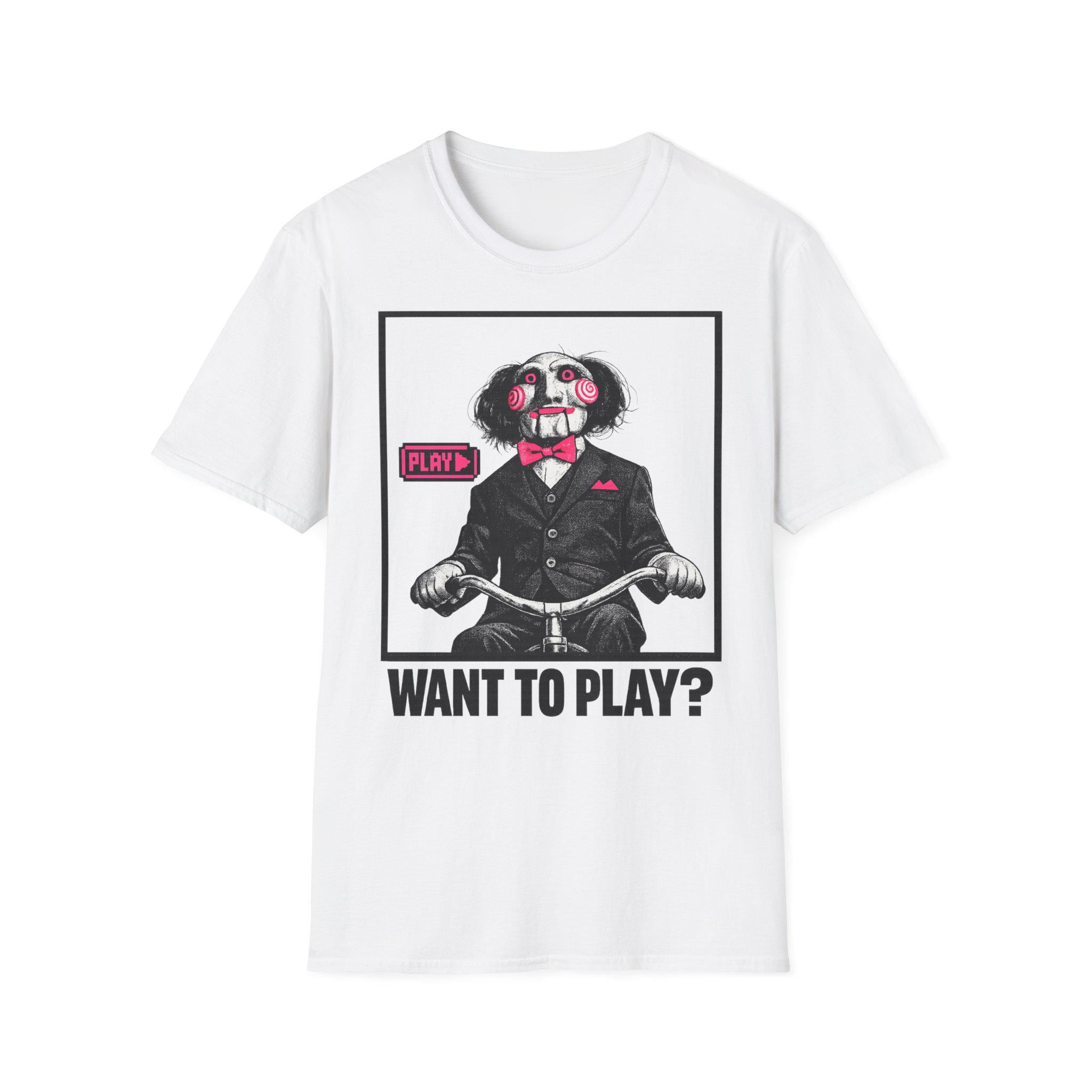 Billy Puppet Saw Movie Horror Pink "WANT TO PLAY?" T-Shirt cinephile tee