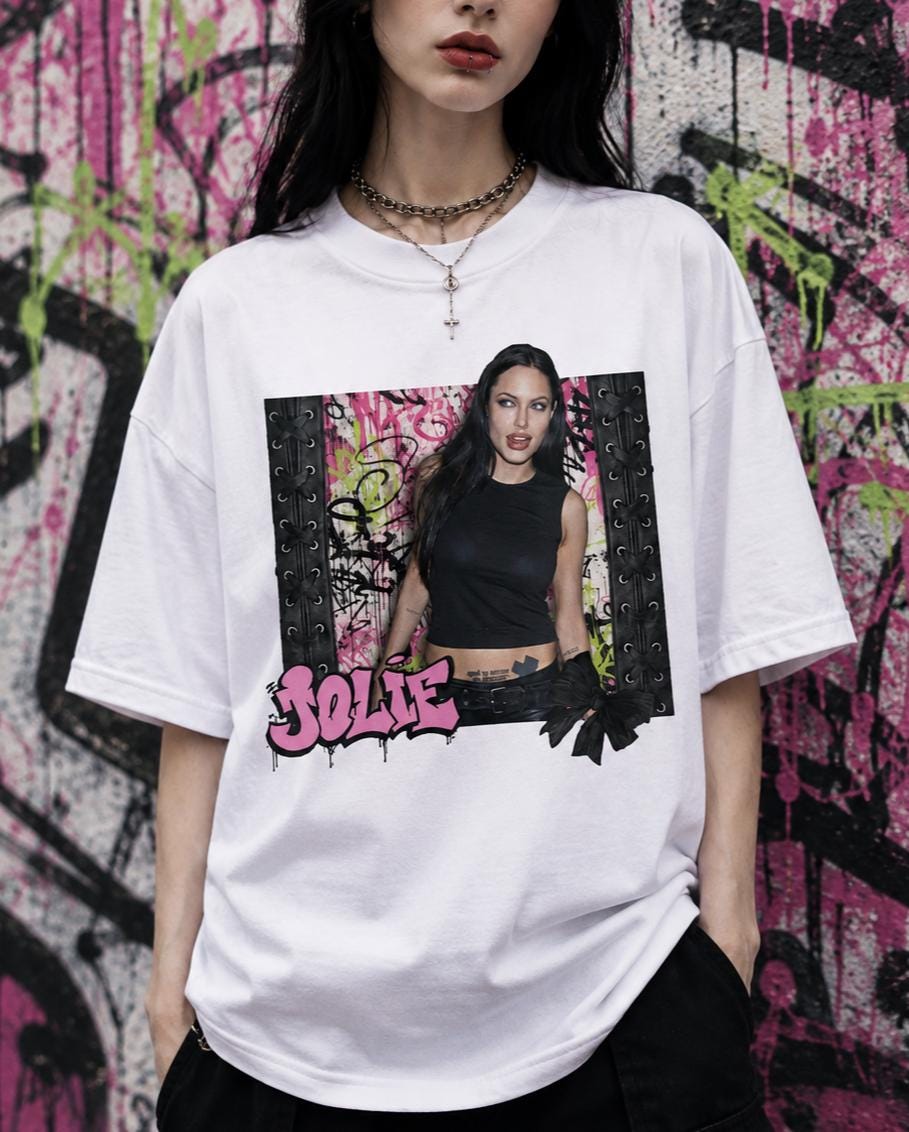 Angelina Jolie T-Shirt, Bubblegum Pink Punk Graffiti Shirt, Y2K Celebrity Graphic Tee