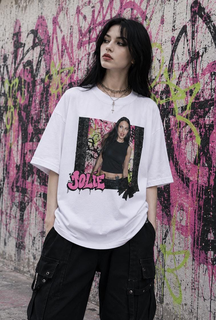Angelina Jolie T-Shirt, Bubblegum Pink Punk Graffiti Shirt, Y2K Celebrity Graphic Tee