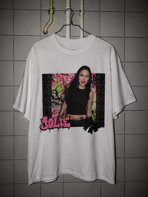 Angelina Jolie T-Shirt, Bubblegum Pink Punk Graffiti Shirt, Y2K Celebrity Graphic Tee