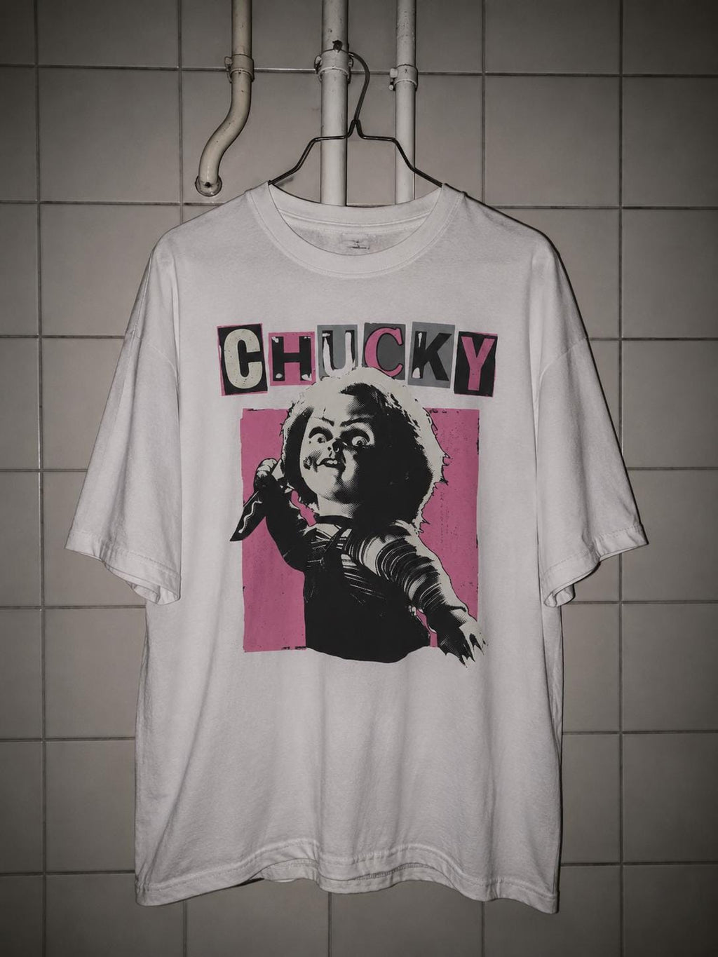 Chucky bubblegum pink bootleg movie tee guro-kawaii, Y2K Hot Pink Horror Cinephile shirt