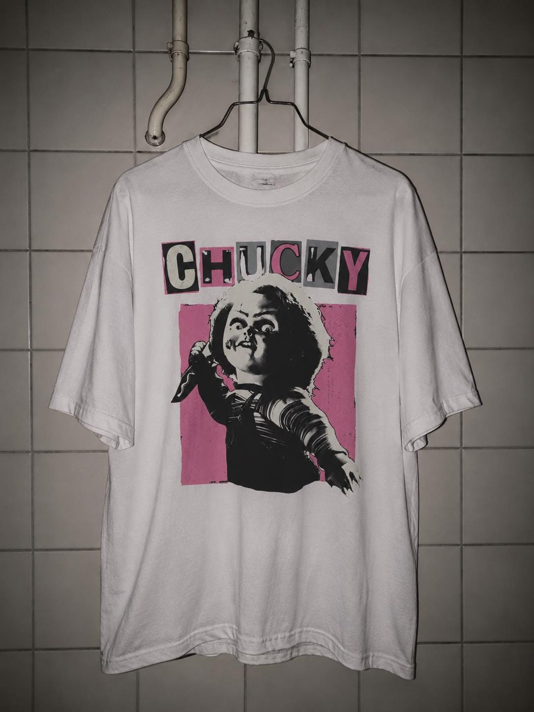 Chucky bubblegum pink bootleg movie tee guro-kawaii, Y2K Hot Pink Horror Cinephile shirt
