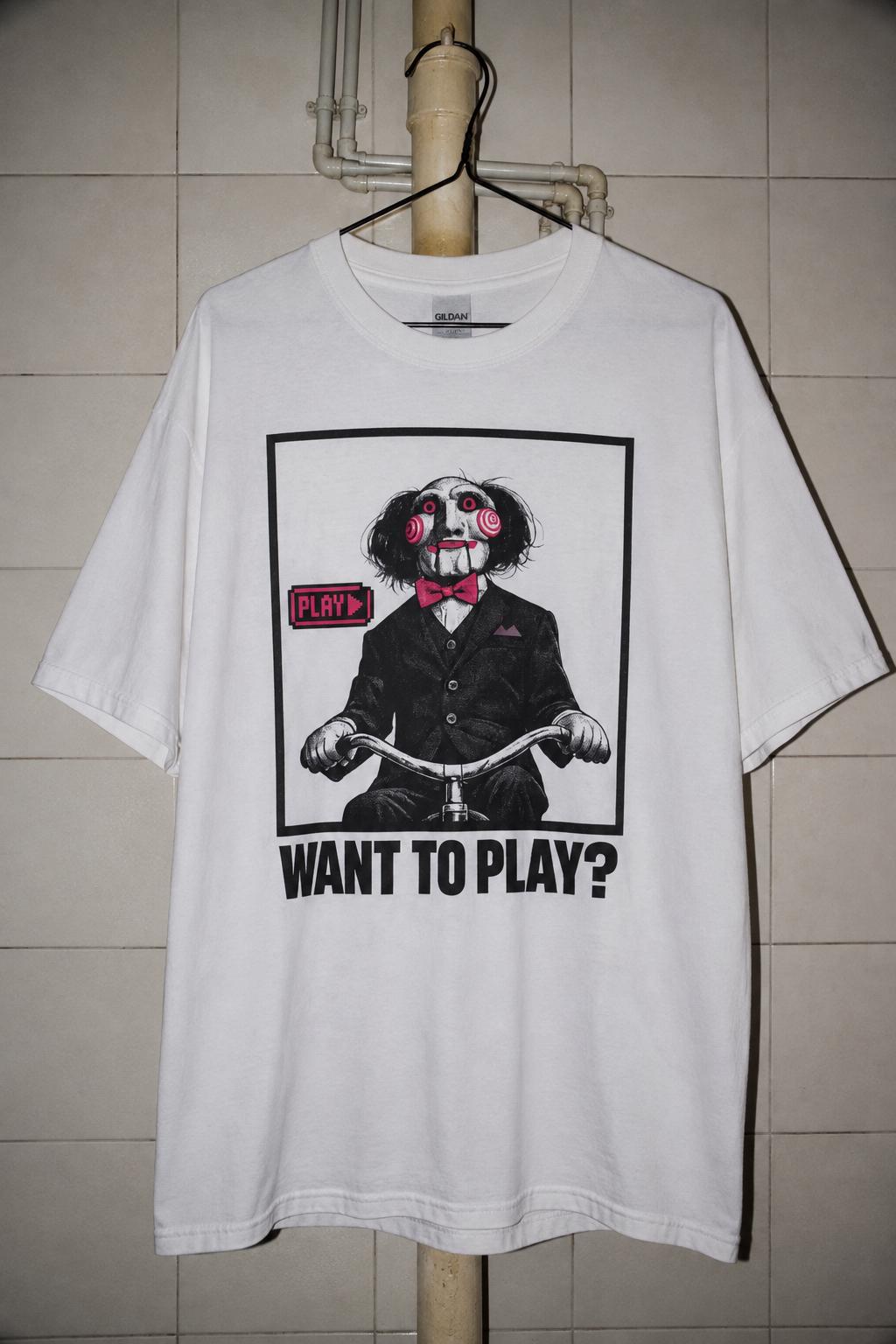 Billy Puppet Saw Movie Horror Pink "WANT TO PLAY?" T-Shirt cinephile tee
