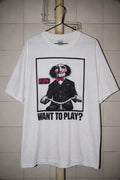 Billy Puppet Saw Movie Horror Pink "WANT TO PLAY?" T-Shirt cinephile tee