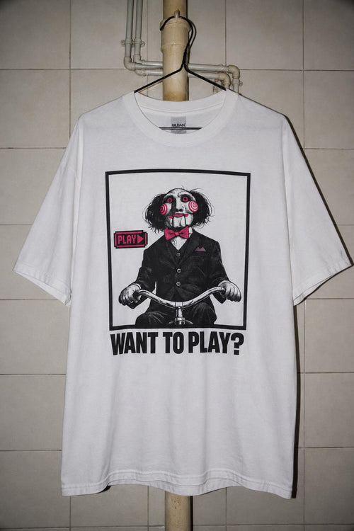 Billy Puppet Saw Movie Horror Pink "WANT TO PLAY?" T-Shirt cinephile tee