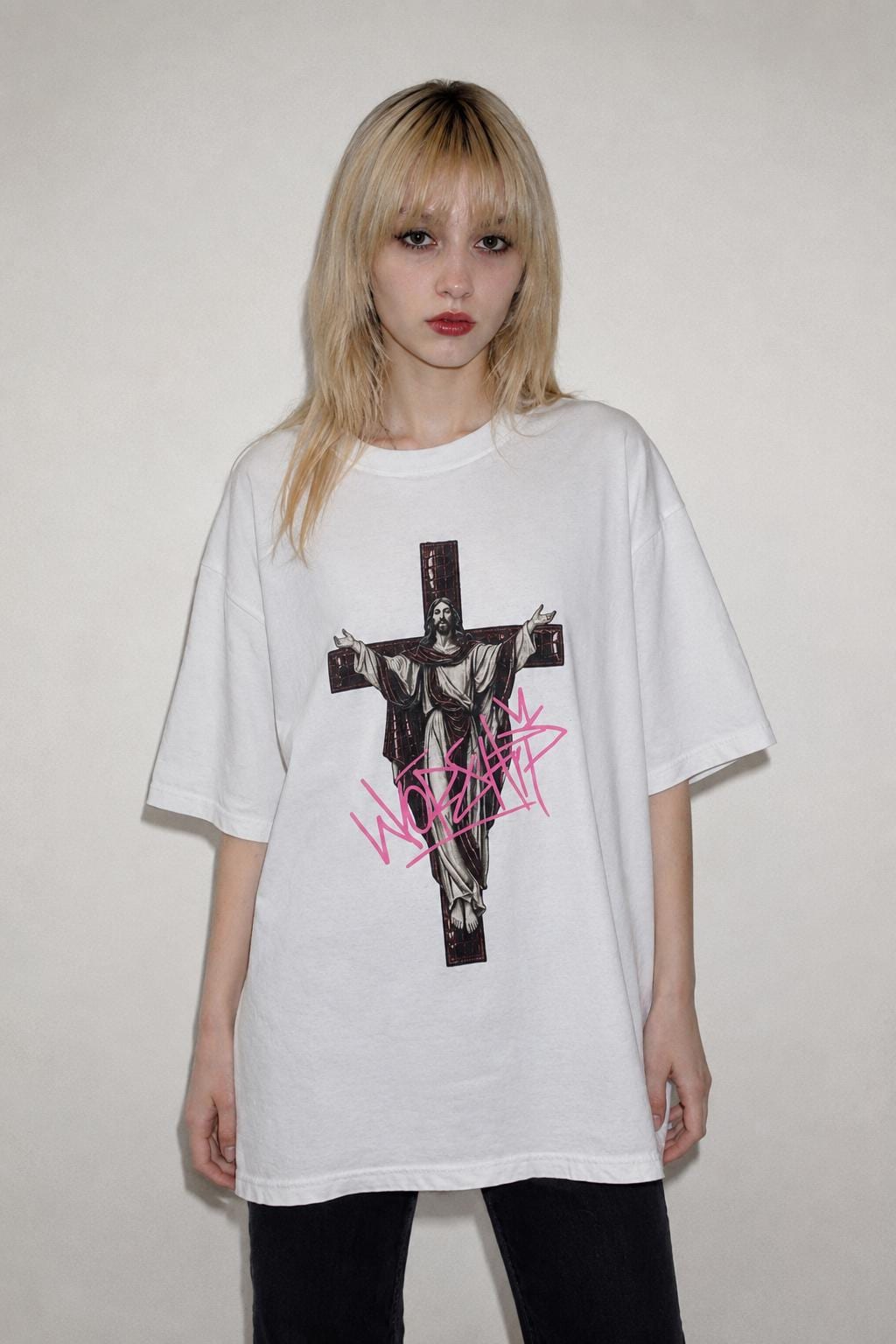 Jesus Worship T-Shirt, Oxblood Crocodile Cross Graphic Tee, Y2K Religious Punk Shirt