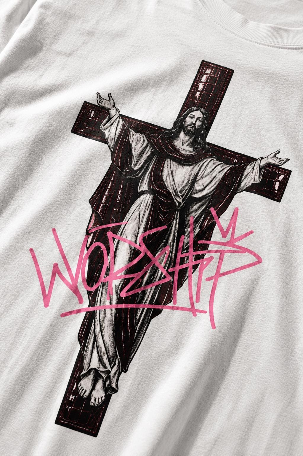 Jesus Worship T-Shirt, Oxblood Crocodile Cross Graphic Tee, Y2K Religious Punk Shirt