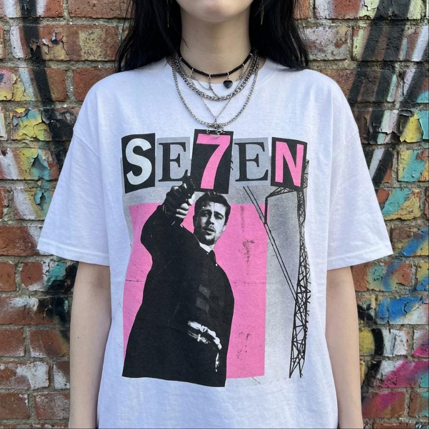 SE7EN Movie Poster Tee, Y2K Retro Pink Bootleg Cinephile T-Shirt