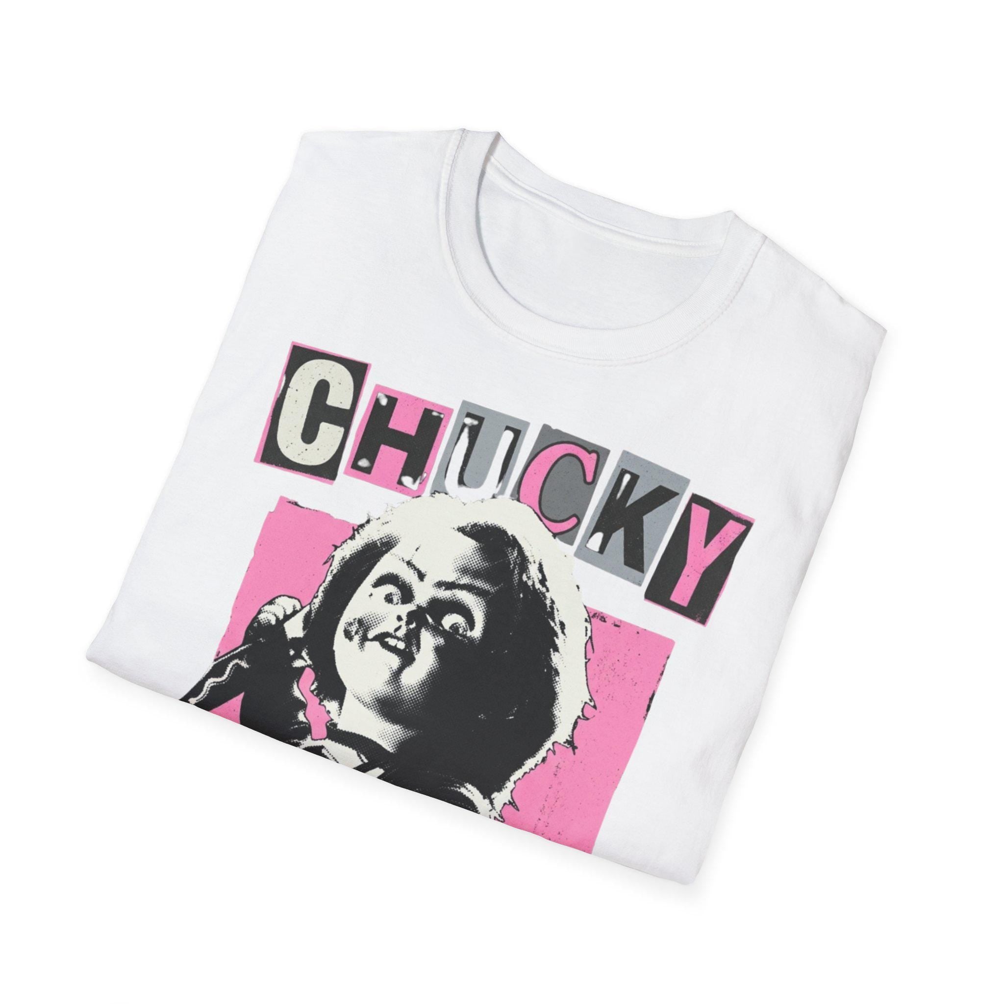 Chucky bubblegum pink bootleg movie tee guro-kawaii, Y2K Hot Pink Horror Cinephile shirt