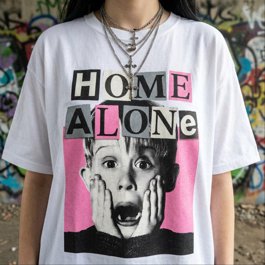 Home Alone bubblegum pink bootleg tee, Macaulay Culkin tribute cinephile T-Shirt
