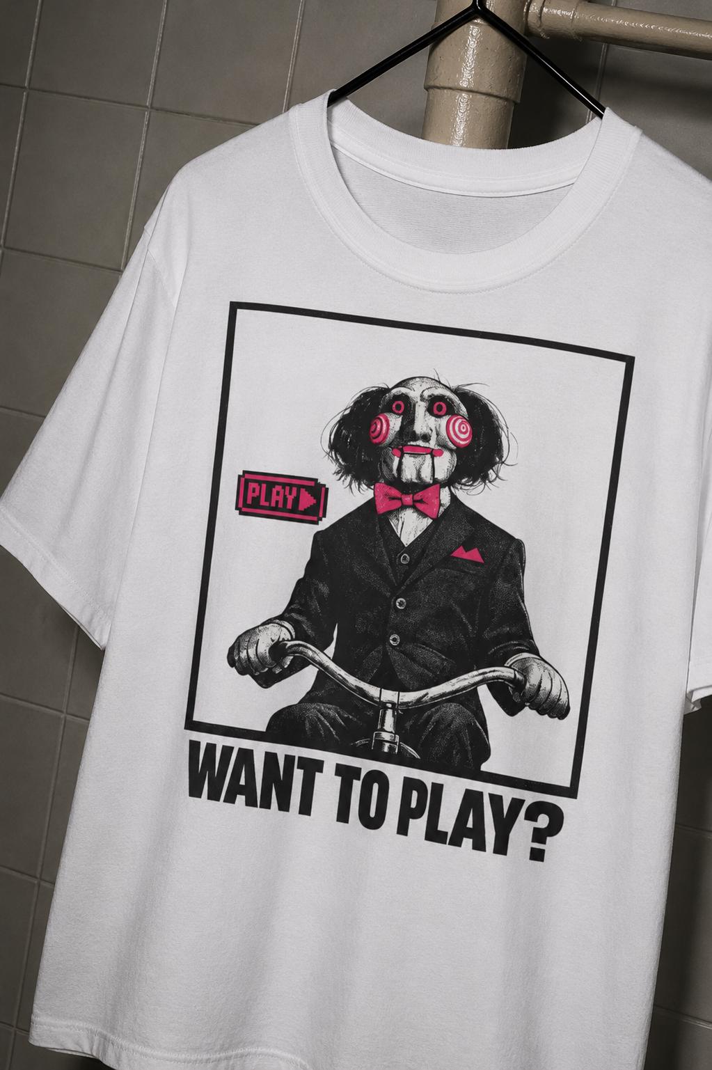 Billy Puppet Saw Movie Horror Pink "WANT TO PLAY?" T-Shirt cinephile tee