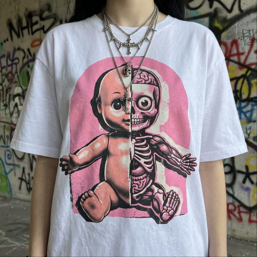 Half Skeleton Anatomy Doll T-Shirt, Y2K Scene Graphic Tee