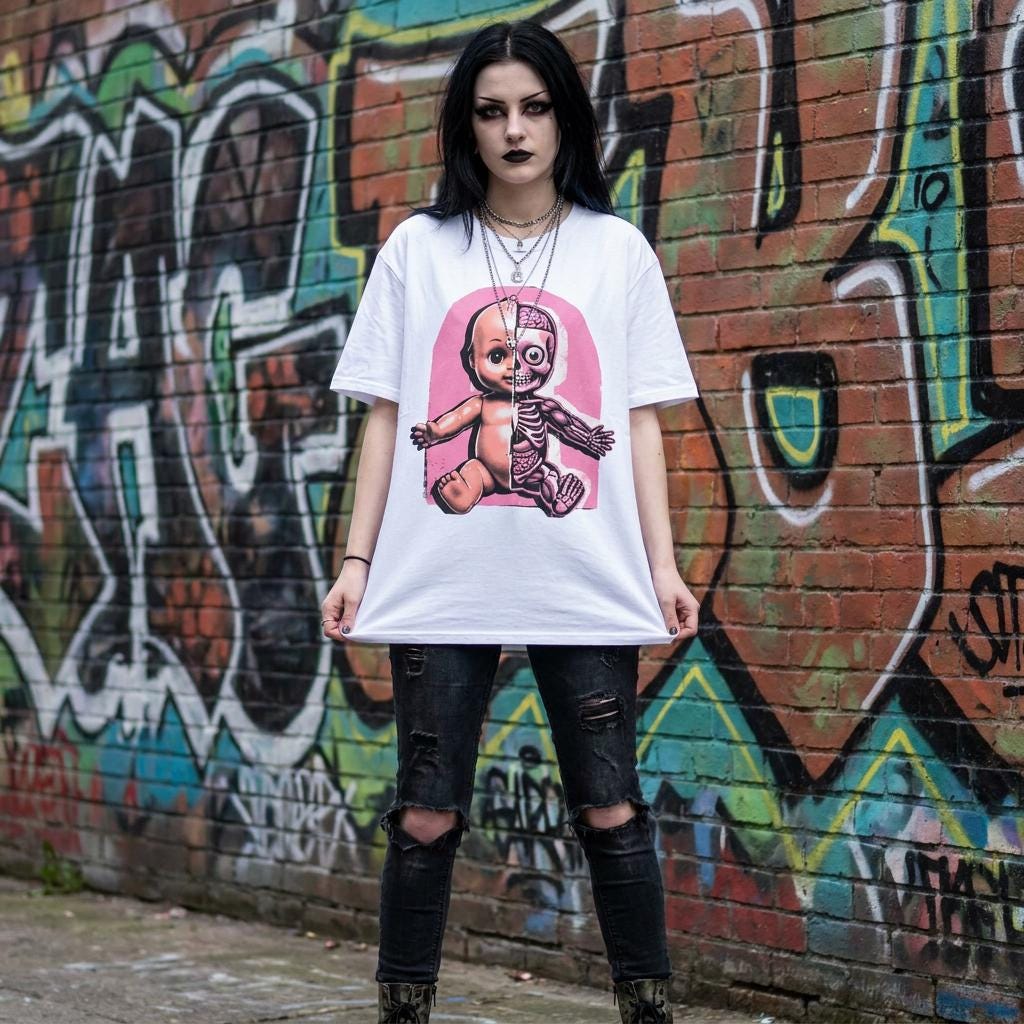 Half Skeleton Anatomy Doll T-Shirt, Y2K Scene Graphic Tee