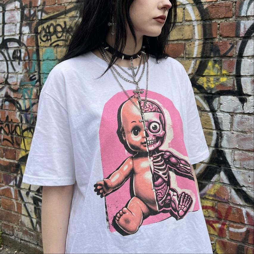 Half Skeleton Anatomy Doll T-Shirt, Y2K Scene Graphic Tee
