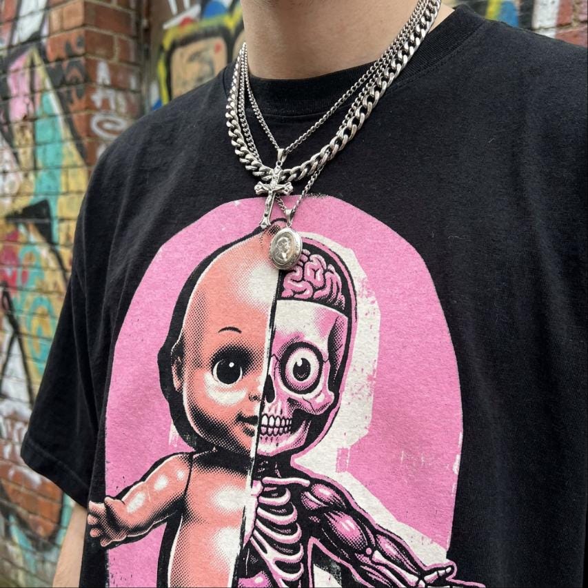 Half Skeleton Anatomy Doll T-Shirt, Y2K Scene Graphic Tee