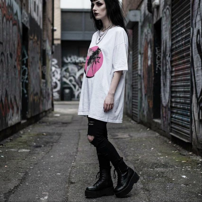 Y2K Bubblegum Pink Emo Scene Girl Weirdcore Fly Shirt Insect Tee