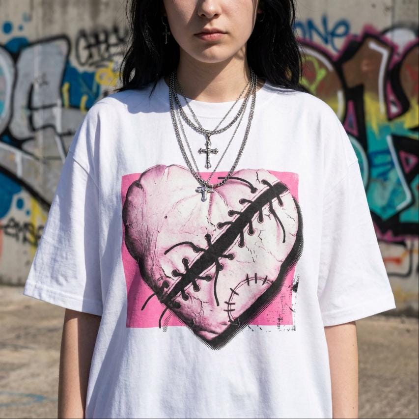 Y2K Emo Girl Stitched Heart Tee Bubblegum Lolita Punk Guro-kawaii Scene Punk T-Shirt
