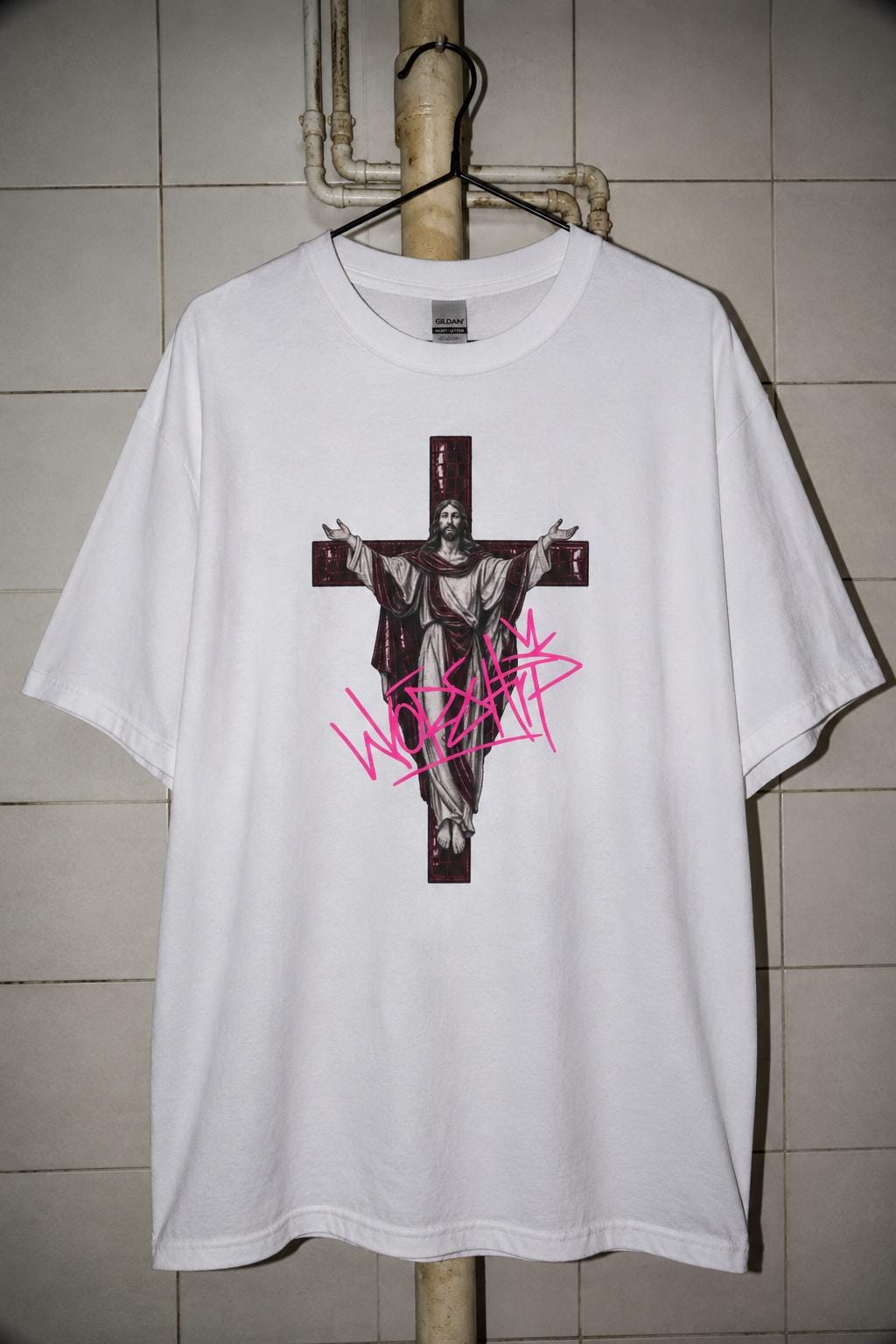 Jesus Worship T-Shirt, Oxblood Crocodile Cross Graphic Tee, Y2K Religious Punk Shirt
