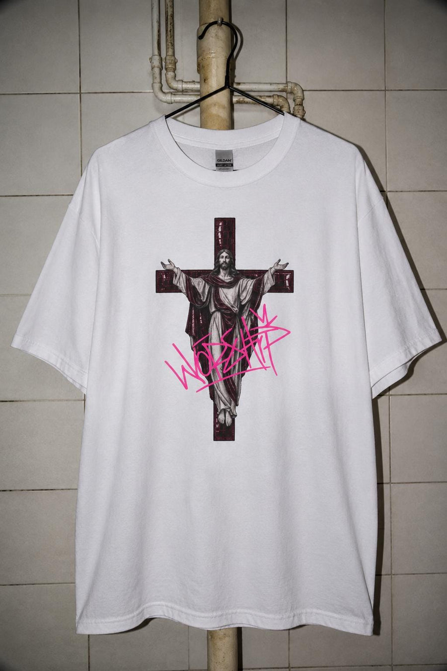 Jesus Worship T-Shirt, Oxblood Crocodile Cross Graphic Tee, Y2K Religious Punk Shirt