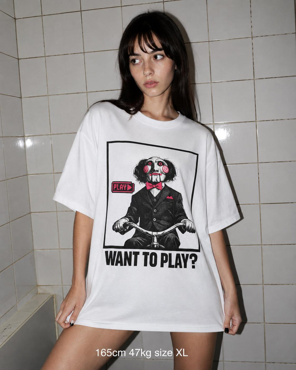 Billy Puppet Saw Movie Horror Pink "WANT TO PLAY?" T-Shirt cinephile tee