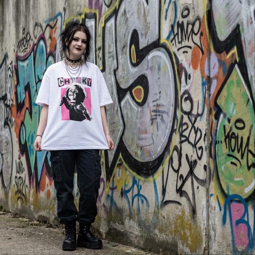 Chucky bubblegum pink bootleg movie tee guro-kawaii, Y2K Hot Pink Horror Cinephile shirt