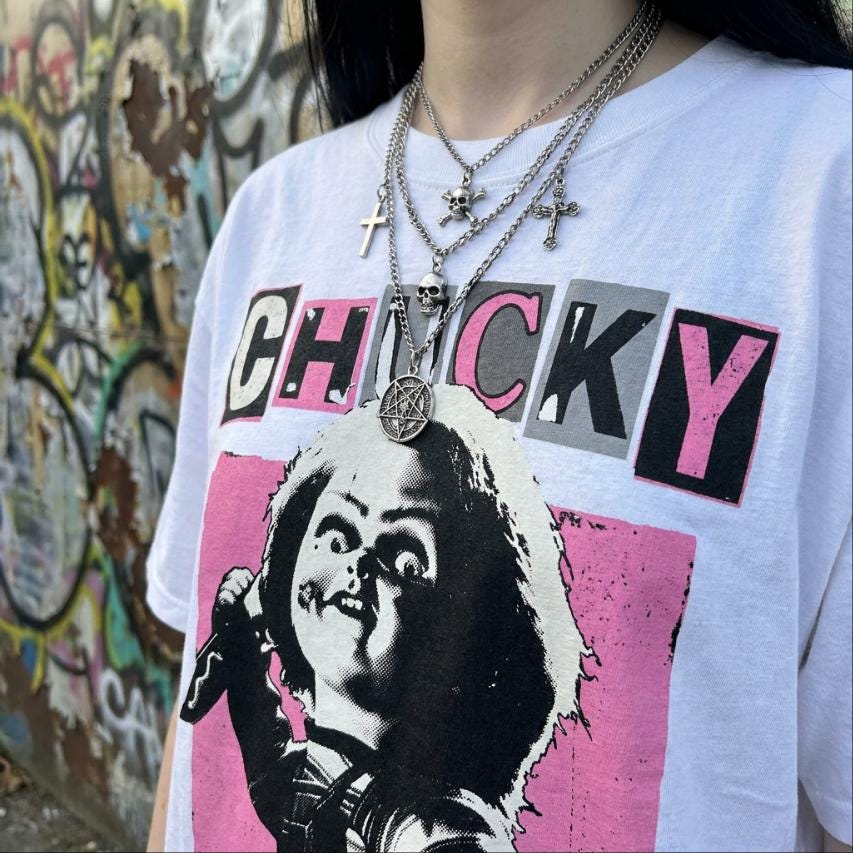 Chucky bubblegum pink bootleg movie tee guro-kawaii, Y2K Hot Pink Horror Cinephile shirt