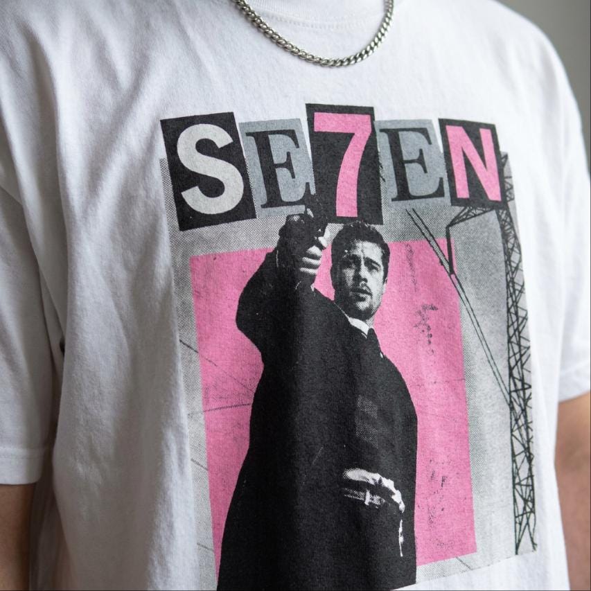 SE7EN Movie Poster Tee, Y2K Retro Pink Bootleg Cinephile T-Shirt