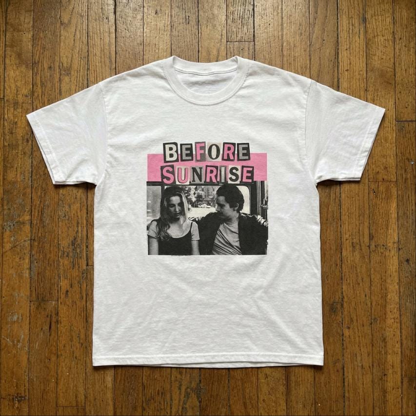 Before Sunrise T-Shirt, bubblegum pink 90s romance cinephile bootleg tee