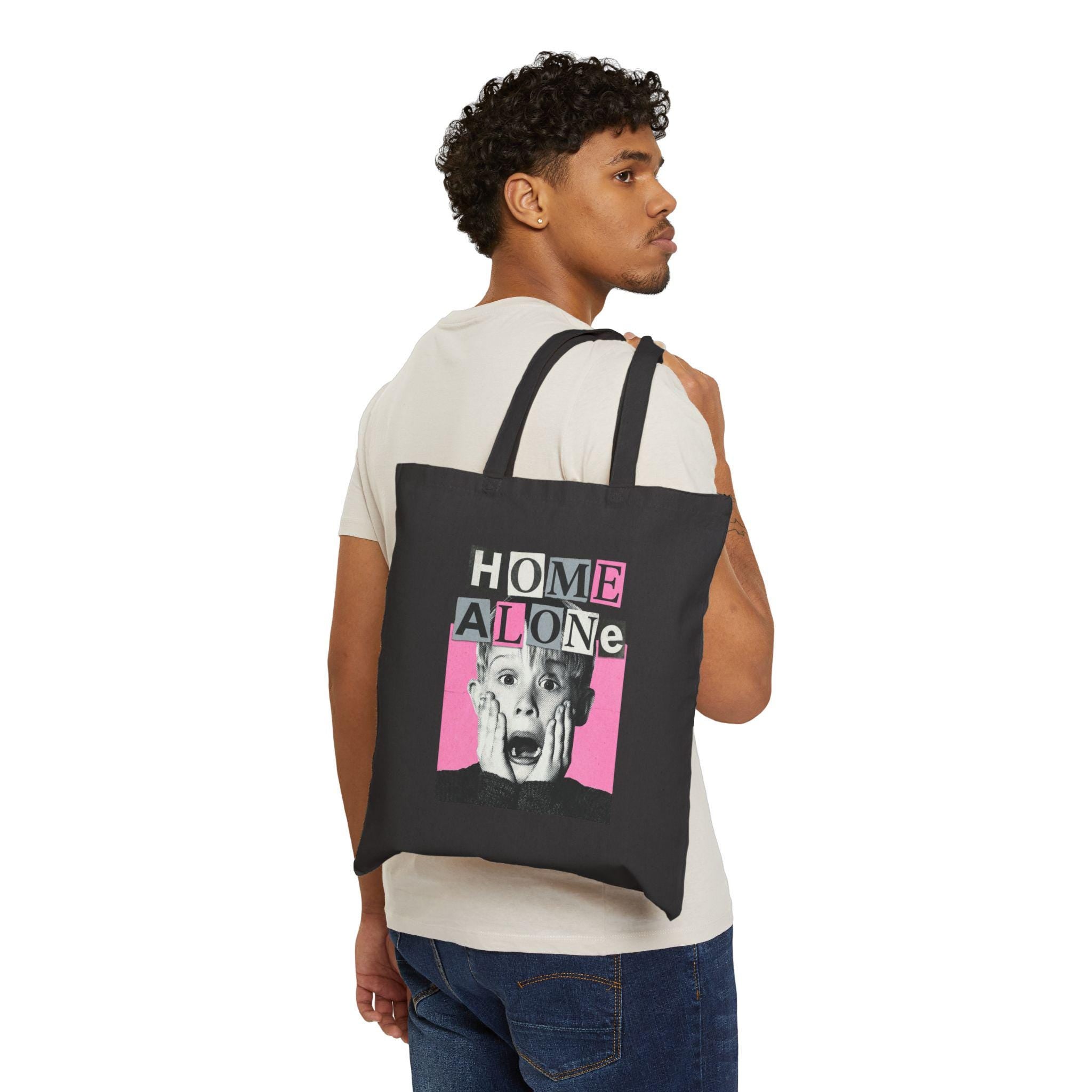 Home Alone Bootleg Movie Tote Bag, Bubblegum Pink 90s Christmas Film Graphic Canvas Tote