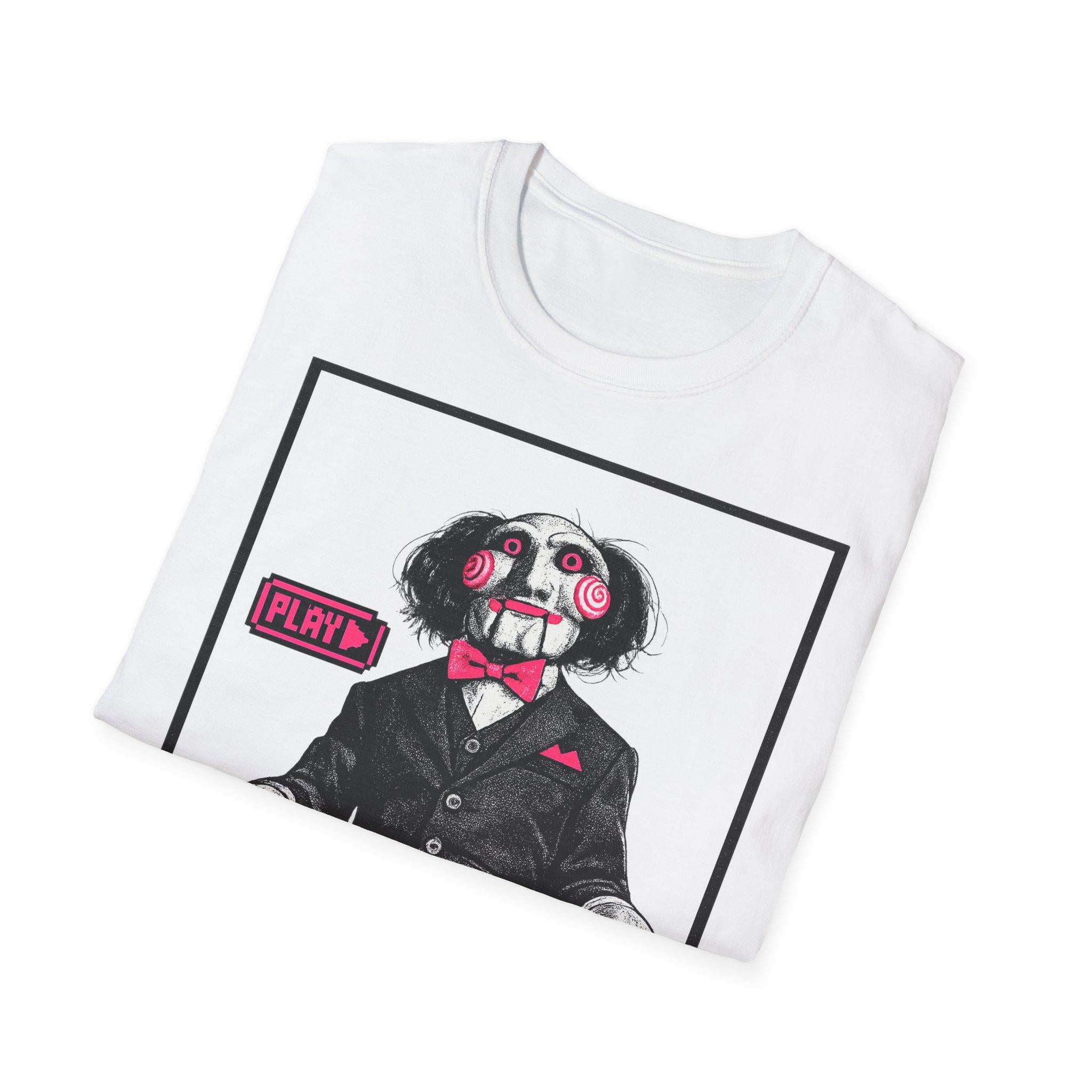 Billy Puppet Saw Movie Horror Pink "WANT TO PLAY?" T-Shirt cinephile tee