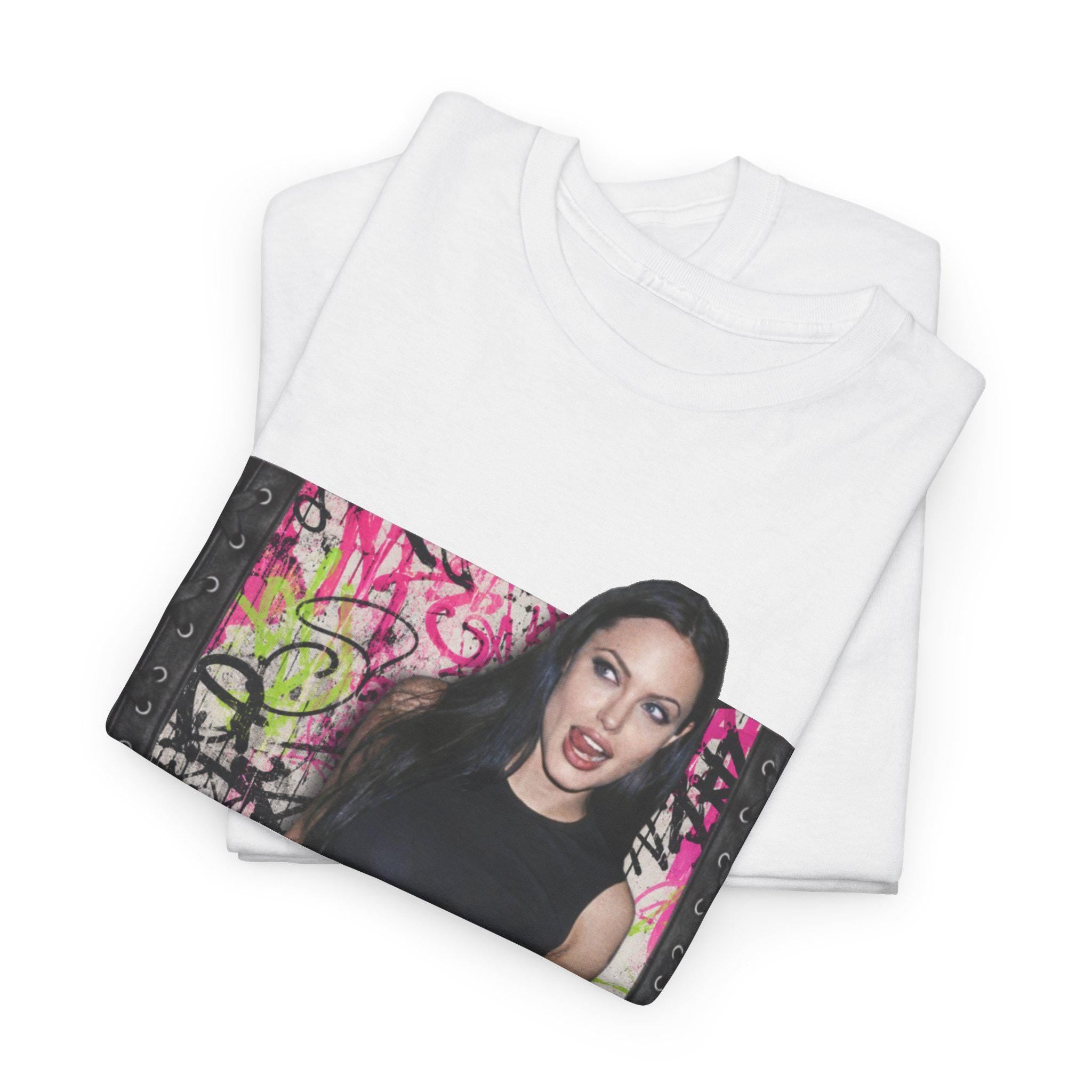 Angelina Jolie T-Shirt, Bubblegum Pink Punk Graffiti Shirt, Y2K Celebrity Graphic Tee