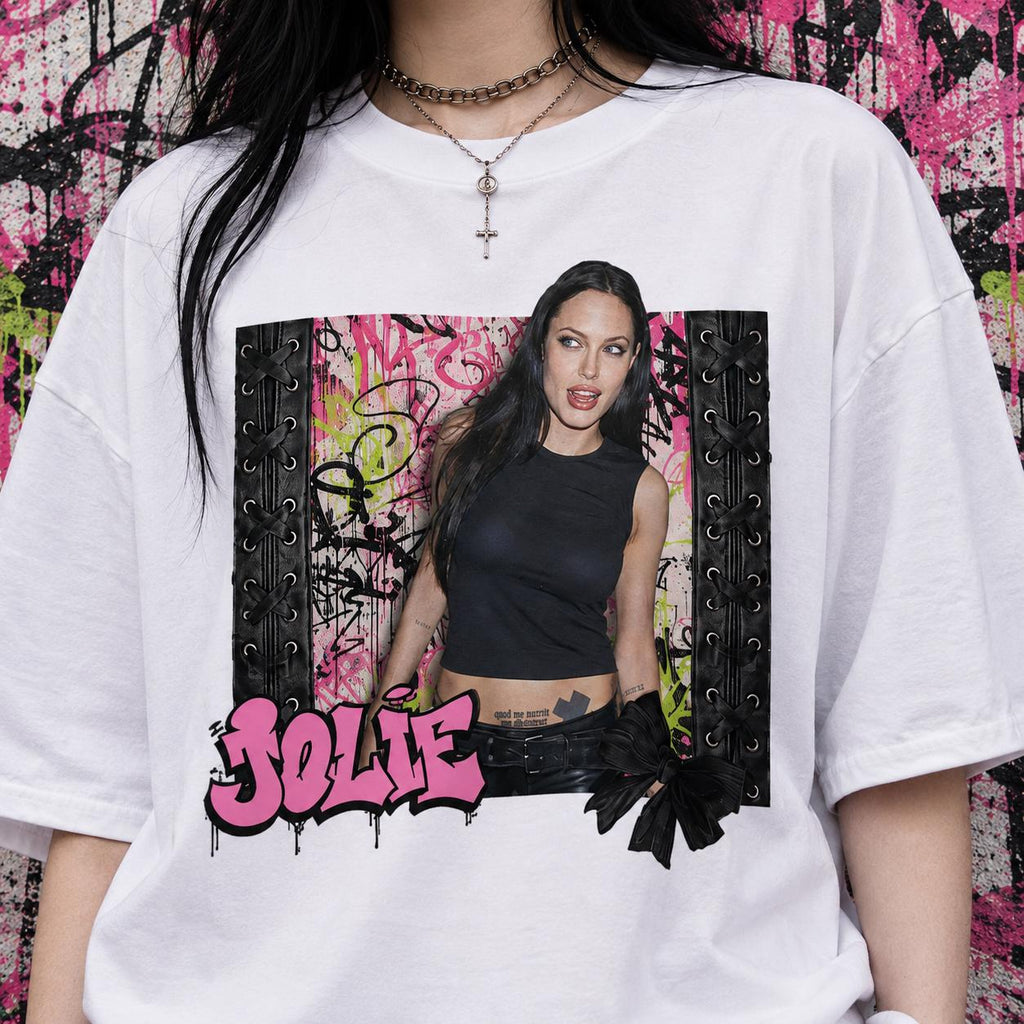 Angelina Jolie T-Shirt, Bubblegum Pink Punk Graffiti Shirt, Y2K Celebrity Graphic Tee