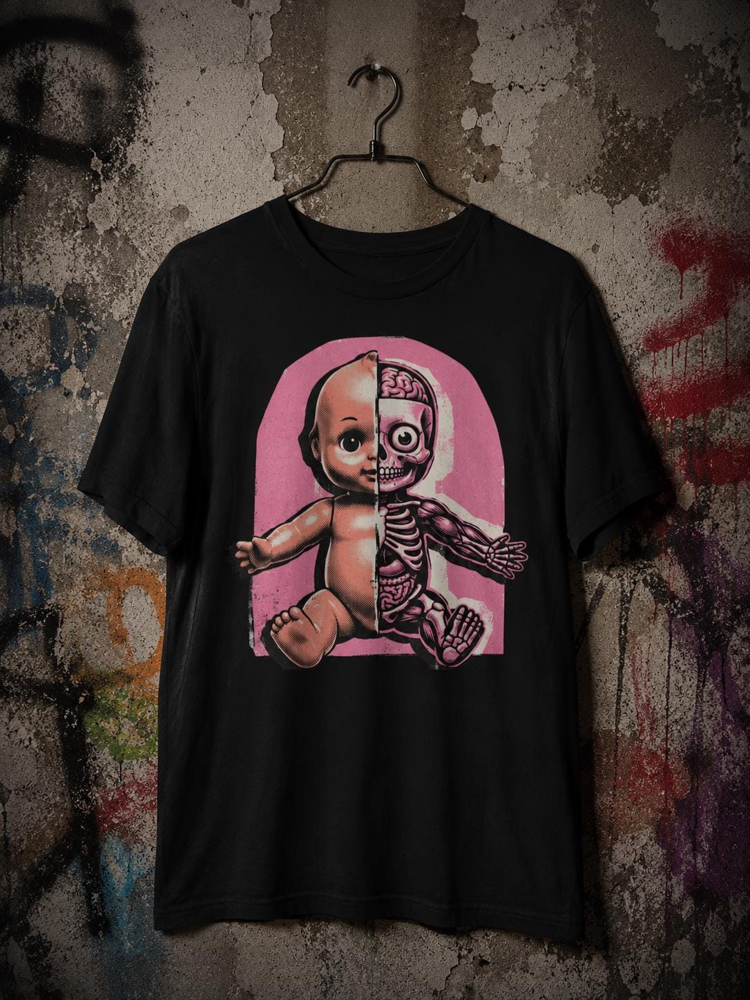 Half Skeleton Anatomy Doll T-Shirt, Y2K Scene Graphic Tee