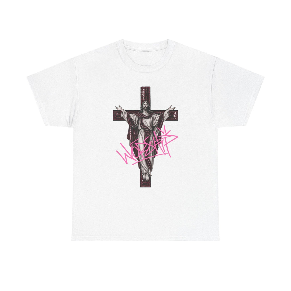 Jesus Worship T-Shirt, Oxblood Crocodile Cross Graphic Tee, Y2K Religious Punk Shirt