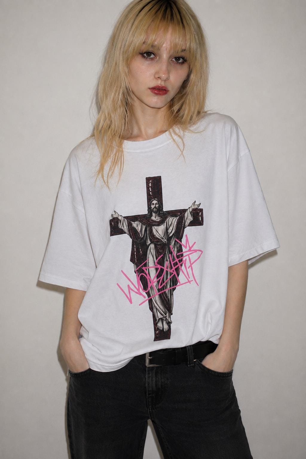 Jesus Worship T-Shirt, Oxblood Crocodile Cross Graphic Tee, Y2K Religious Punk Shirt