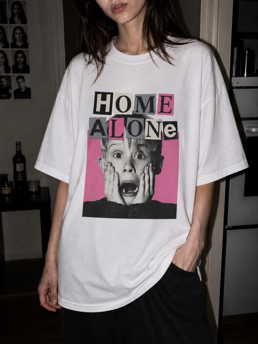 Home Alone bubblegum pink bootleg tee, Macaulay Culkin tribute cinephile T-Shirt